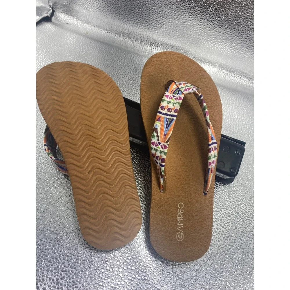Ampeo Womens Flip Flop Sandals Geometric Tribal Print Straps Brown Casual Thong